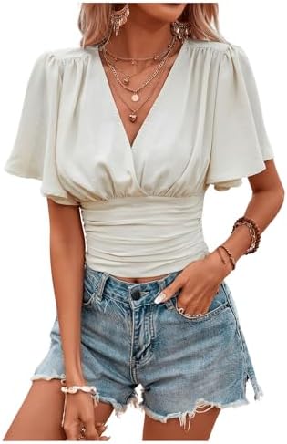 Casual Butterfly Sleeve Ruched Blouse V Neck Ruched Crop