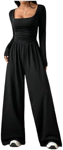 Casual Long Sleeve Square Neck Wide Leg Jumpsuit Going