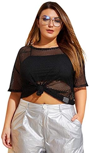 Casual Plus Size Fishnet Sheer Mesh Short Sleeve Tee Shirt