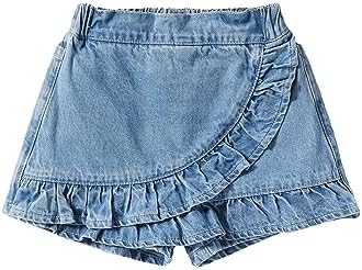 Casual Ruffle Trim Denim Skorts Elastic Waist Skirt Shorts