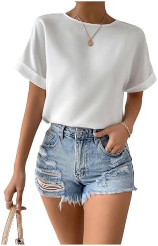 Casual Solid Rolled Cap Short Sleeve Satin Silk Blouse