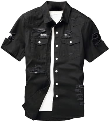 Causal Ripped Button Front Pocket Short Sleeve Denim Shirt