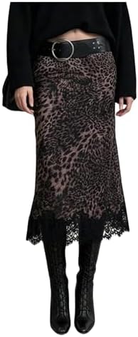 Cheetah Lace Trim Midi Skirt Low Rise Vintage Fishtail