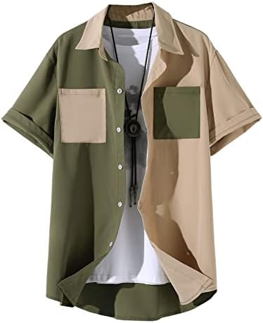 Color Block Short Sleeve Collar Neck Button Down Shirt