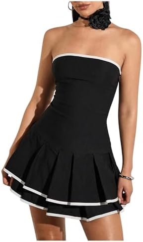 Contrast Binding Tube Tops Pleated Party A Line Dresses