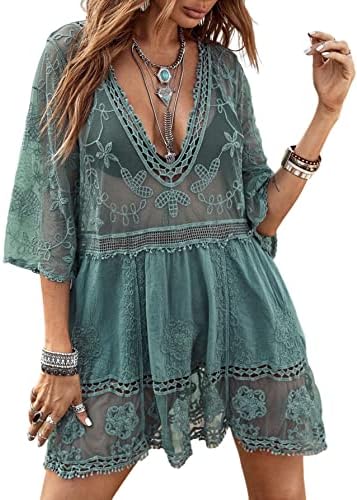Contrast Lace Plunging V Neck Bikini Cover Up Beach Dress