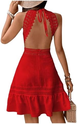 Contrast Lace Sleeveless Halter Dress Backless Vacation A