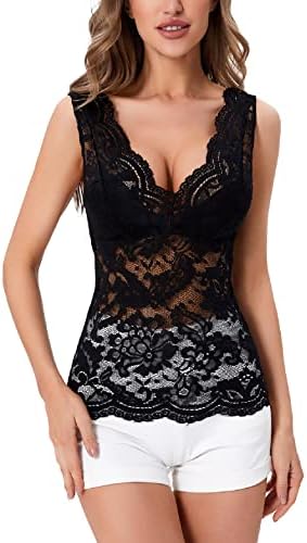 Contrast Lace Sleeveless Scalloped Hem V Neck Sheer Tank