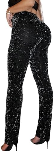 Contrast Sequin Elastic Waist Shiny Straight Leg Party