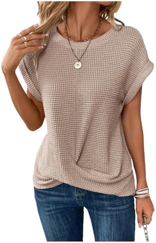 Crew Neck Twist Front T Shirts Cap Sleeve Waffle Knit