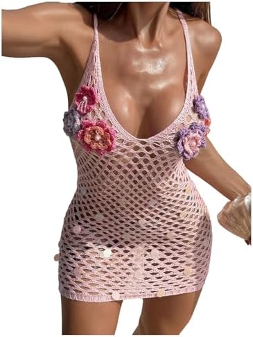 Crochet Cover Up Beach Dress Hollow Out Floral Vacation