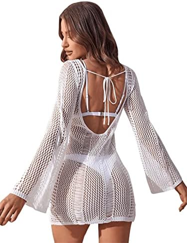 Crochet Cover Up Long Sleeve Hollow Out Bikini Swimsuit