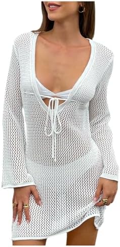 Crochet Swimsuit Coverup Deep V Neck Tie Front Swimwear