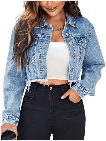 Cropped Denim Jean Jacket Raw Hem Long Sleeve Button Down