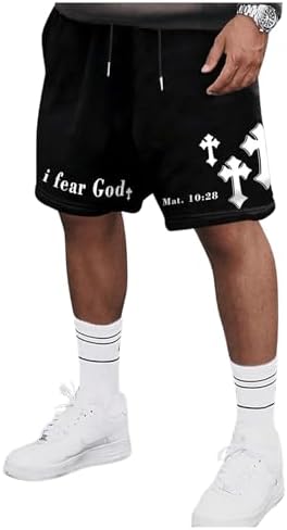 Cross Print Drawstring Waist Track Shorts Loose Summer