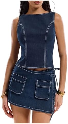 Cut Out Bow Back Tank Tops Sleeveless Boat Neck Y2k Denim