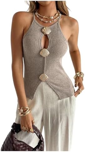 Cut Out Sleeveless Halter Tops Shell Metal Ribbed Going