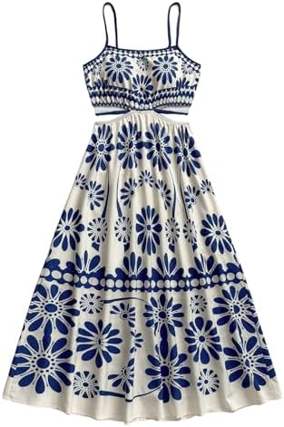 Cut Out Tropical Spaghetti Strap Midi Dress Summer Beach