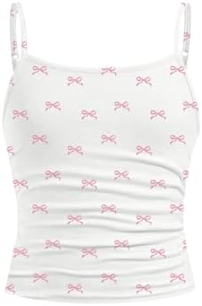 Cute Bow Print Camisole Tops Ruched Sleeveless Spaghetti