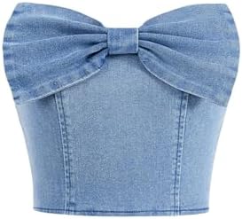 Cute Bow Strapless Denim Tube Top Zipper Back Sleeveless