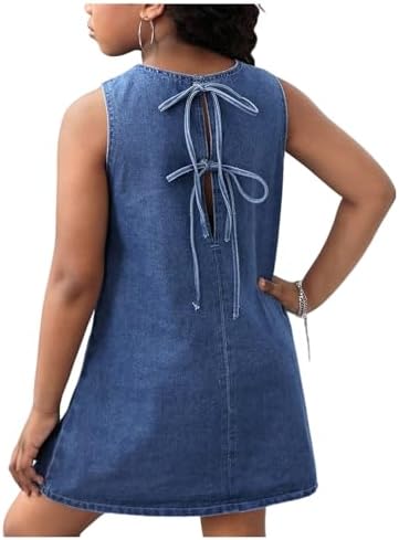 Cute Bow Tie Back Denim Dress Sleeveless Crew Neck Casual