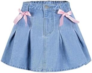 Cute Bowknot Pleated Skirt Elastic Waist Casual Denim