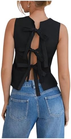 Cute Crew Neck Sleeveless Tank Top Bow Tie Back Blouse