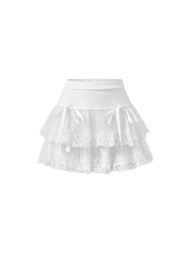 Cute High Waist Embroidery Mesh Layered Hem Bowknot Y2k