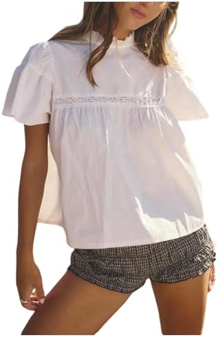 Cute Puff Sleeve Blouses Frill Mock Neck Vintage Babydoll
