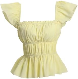 Cute Square Neck Cap Sleeve Blouses Ruched Bust Ruffle