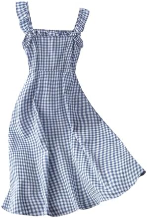 Cute Square Neck Gingham Midi Dress Sleeveless Vacation A