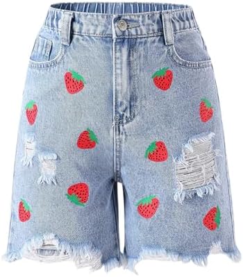 Cute Strawberry Print Ripped Denim Shorts High Waisted