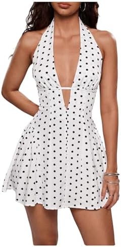 Cute Vintage Polka Dots V Neck Halter Backless Mini