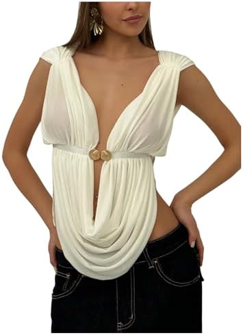 Deep V Neck Draped Tank Tops Sleeveless Ruched Party