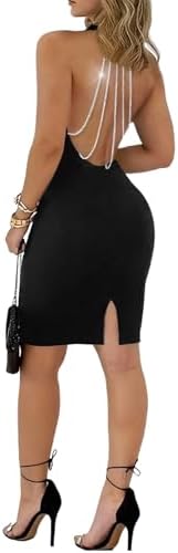 Deep V Neck Halter Bodycon Dress Chain Backless Night Out