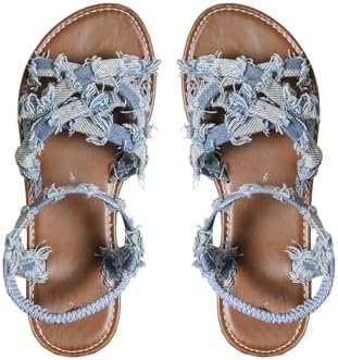 Denim Criss Cross Flat Sandals Strappy with Ankle Straps