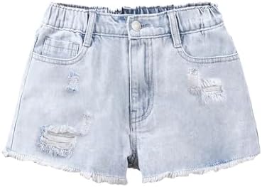 Elastic Waist Destroy Raw Hem Denim Shorts Straight Leg