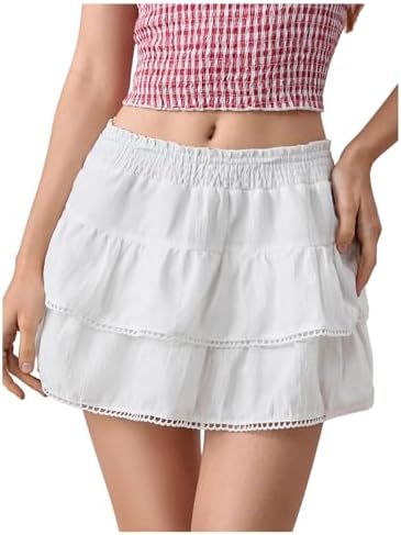 Elastic Waist Layered Ruffle Mini Skort Lace Trim Cute A