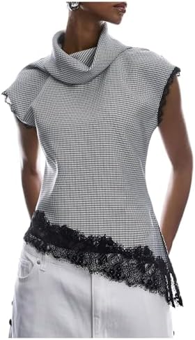 Elegant Asymmetrical Lace Tops High Neck Houndstooth