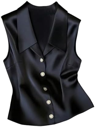 Elegant Button Down Satin Tank Top Collared Office