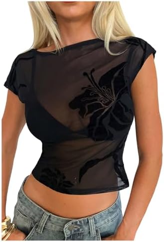 Elegant Floral Mesh Cap Sleeve T Shirts Crew Neck See