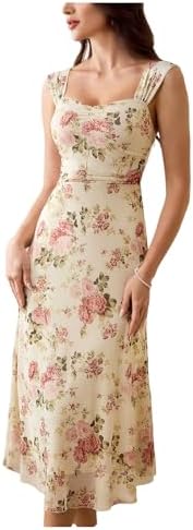 Elegant Floral Midi Dress Sleeveless Formal Wedding Guest