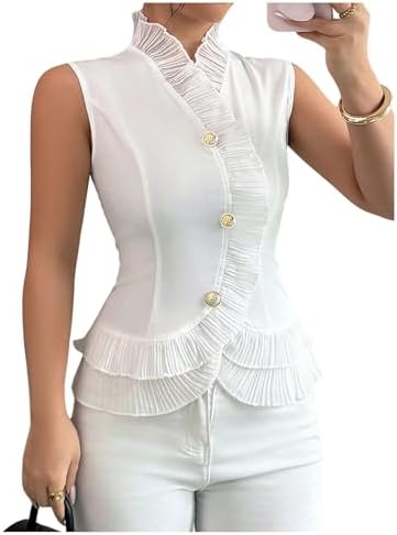 Elegant Layered Ruffle Button Down Blouse Mock Neck