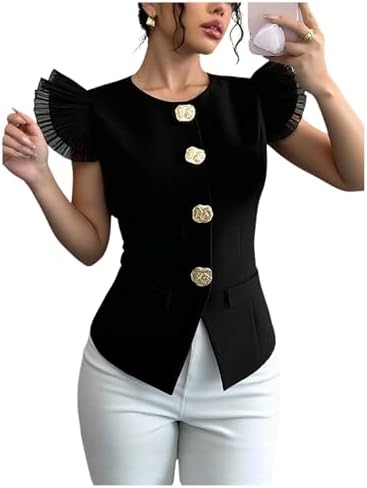 Elegant Layered Sleeve Blouses Crew Neck Button Down