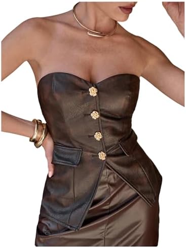 Elegant Leather Tube Tops Strapless Button Down Party