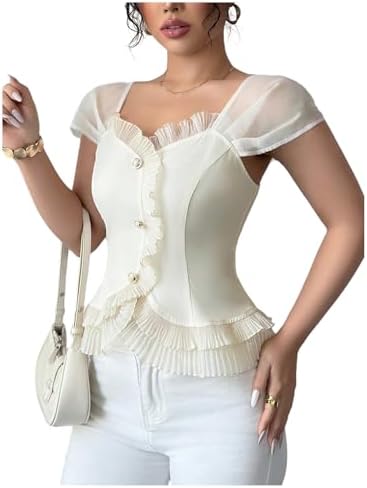 Elegant Mesh Puff Sleeve Button Down Shirt Frill Trim