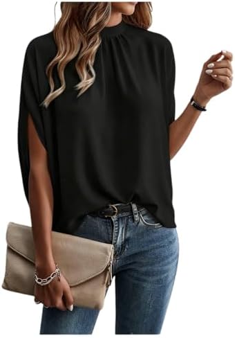 Elegant Mock Neck Work Shirts Summer Dolman Sleeve Tie