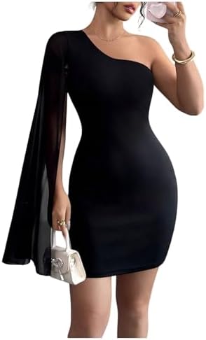 Elegant One Shoulder Mini Dress Split Long Sleeve Bodycon