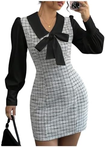 Elegant Plaid Tweed Dress Bow Front Lantern Long Sleeve 2