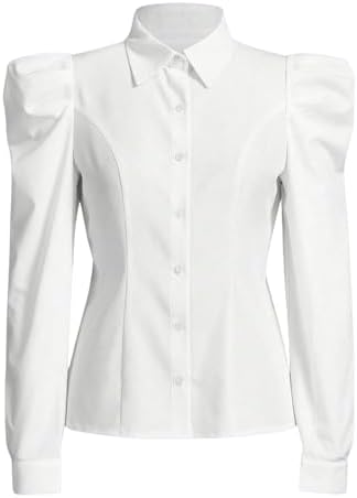 Elegant Puff Long Sleeve Collared Shirts Dressy Blouse Top